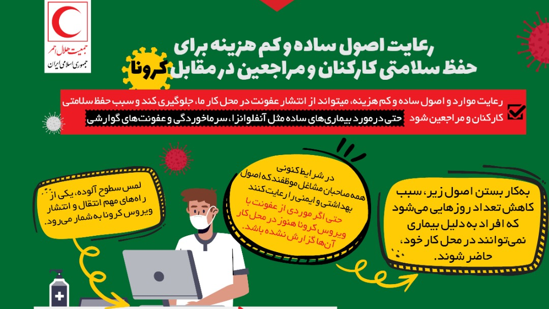 رعایت اصول ساده و کم‌هزینه برای حفظ سلامتی کارکنان و مراجعین در مقابل کرونا/ اینفوگرافیک